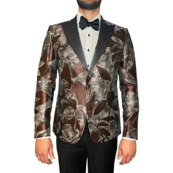 Abstract Floral Design Peak Lapel Tuxedo Jacket - Brown