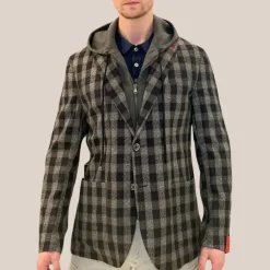 Checks Patch Pocket Flannel Hoodie Blazer - Navy