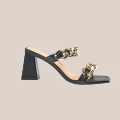 Chunky Heel Chain Straps Leather Sandal - Black
