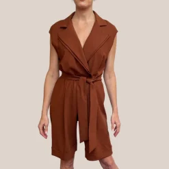 Collared V-Neck Cap Sleeve Crossover Romper - Rust
