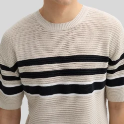 Contrast Stripes Knit T-Shirt - Beige