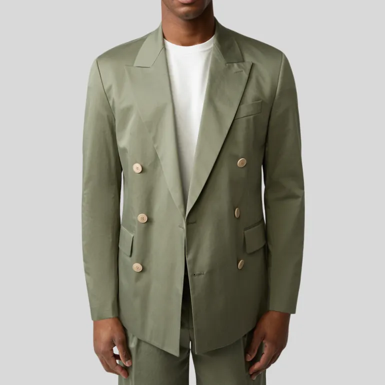 Double Breasted Cotton Stretch Blazer - Olive