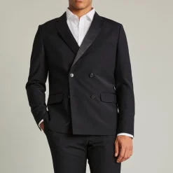 Double Breasted Notch Lapel Tuxedo Blazer - Black