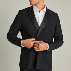 Double Breasted Notch Lapel Tuxedo Blazer - Black