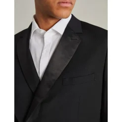 Double Breasted Notch Lapel Tuxedo Blazer - Black