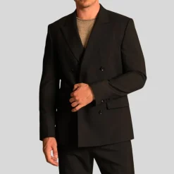 Double Breasted Slim Fit Wool Blazer - Black