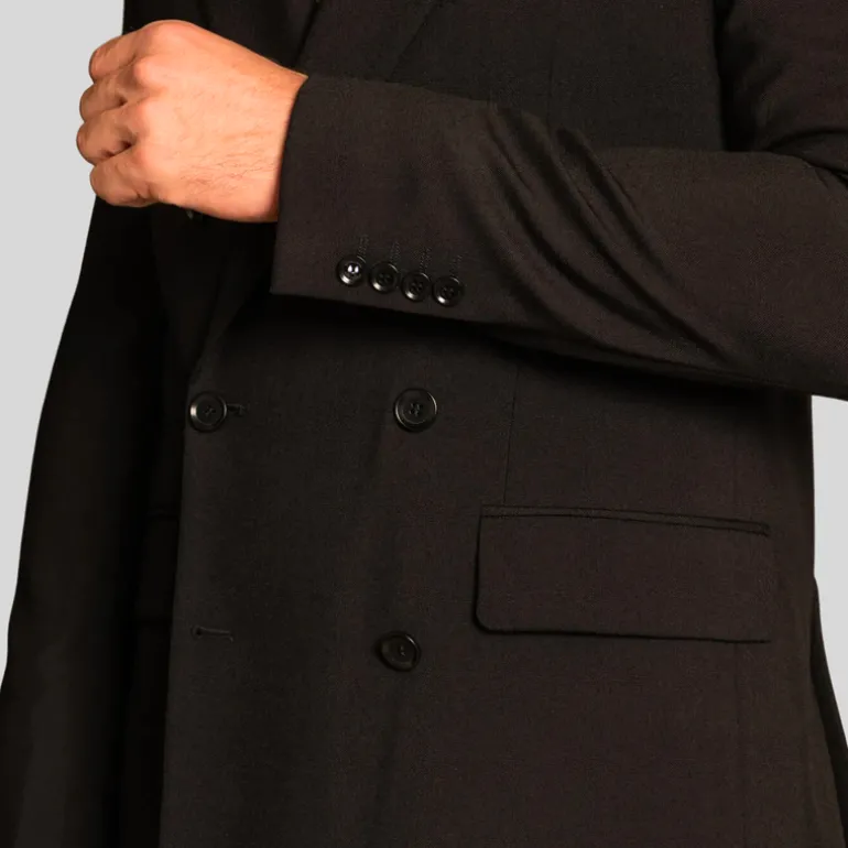 Double Breasted Slim Fit Wool Blazer - Black