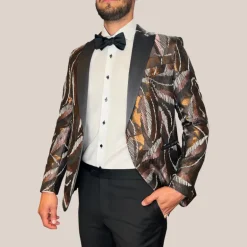 Embroidered Design Peak Lapel Tuxedo Jacket - Brown
