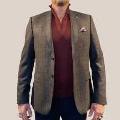 Fragmented Plaid Checks Wool Blazer - Brown/Teal