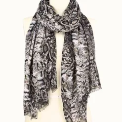 Fringed Snake Print Large Scarf - Grey