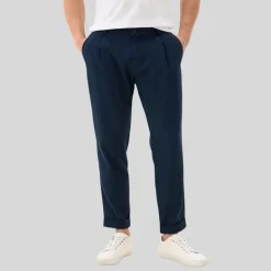 Front Pleat Melange Cuffed Pants - Navy