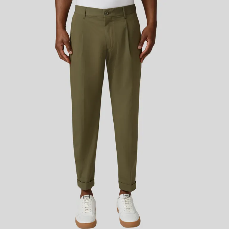 Front Pleated Cuffed Stretch Pants - Olive