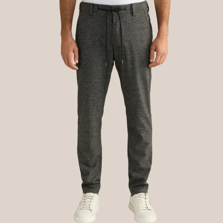 Houndstooth Check Drawstring Chinos - Black