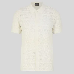 Mesh Knit Pattern Polo Collar Shirt - Cream