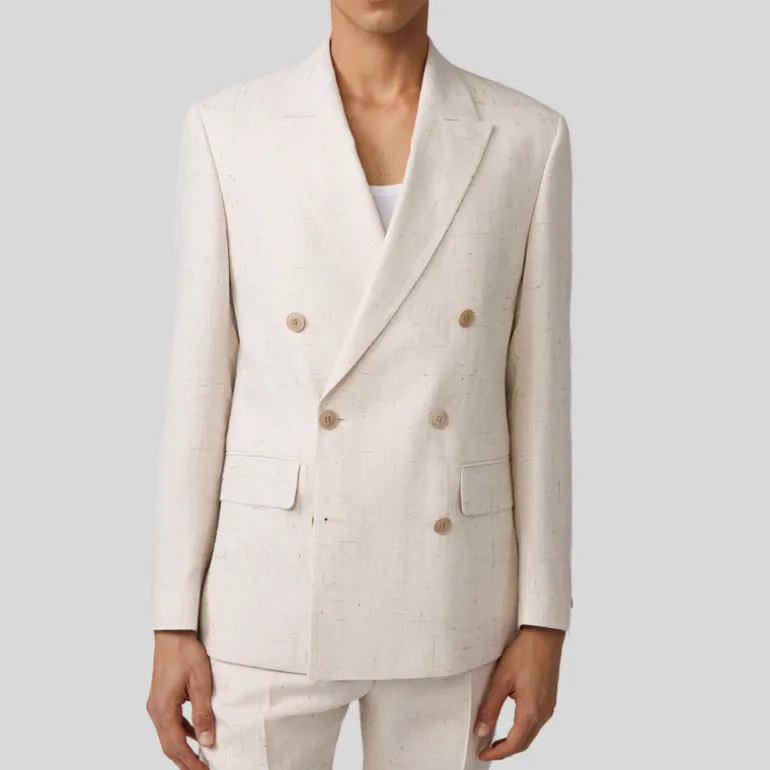 Mottled Linen Blend Double Breasted Suit Jacket - Off-White