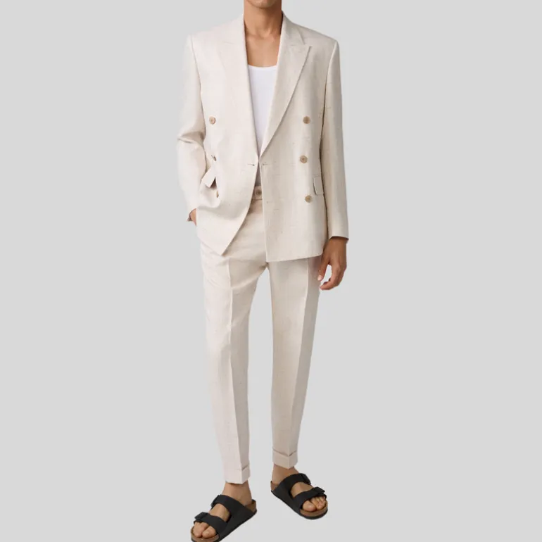Mottled Linen Blend Double Breasted Suit Jacket - Off-White