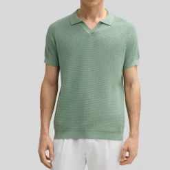 Open Collar Textured Knit Polo - Green
