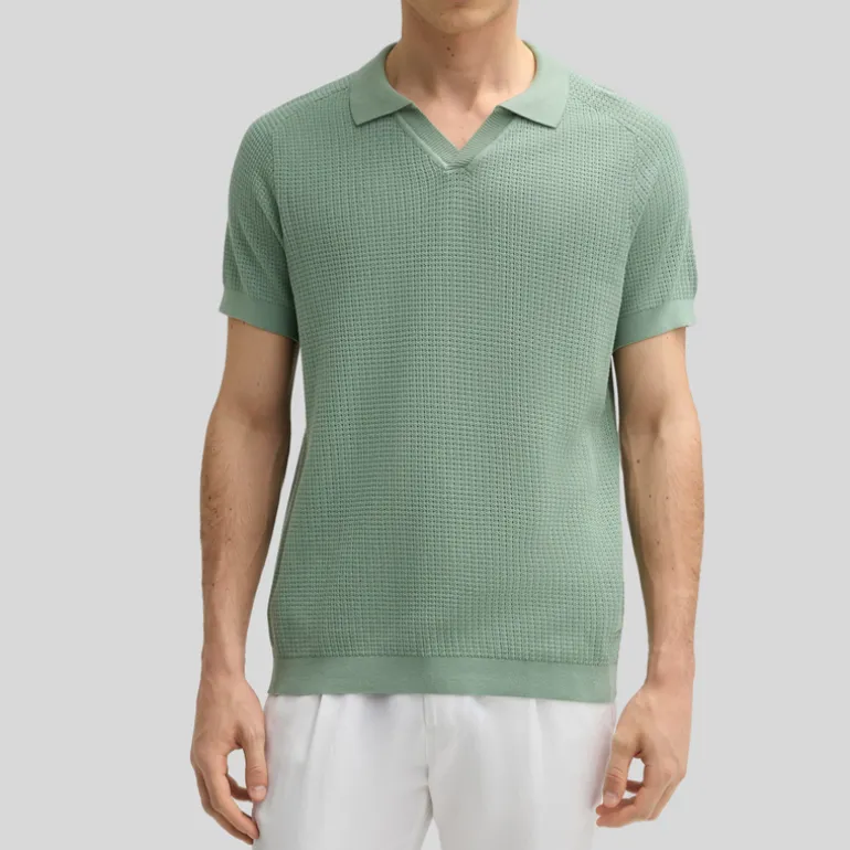 Open Collar Textured Knit Polo - Green