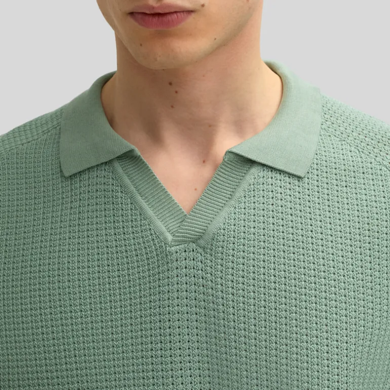 Open Collar Textured Knit Polo - Green