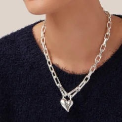 Padlock Heart Pendant Chain Link Necklace - Silver