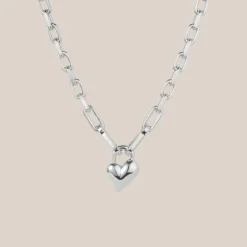 Padlock Heart Pendant Chain Link Necklace - Silver