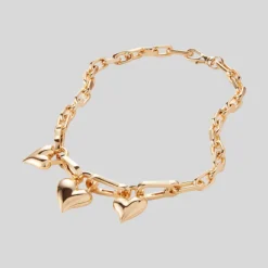 Padlock Triple Hearts Pendant Chain Link Necklace - Gold