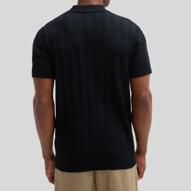 Perforated Pattern Knit Polo - Black