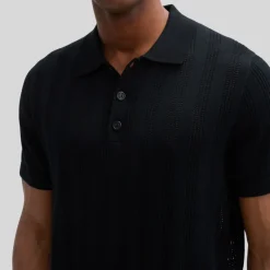 Perforated Pattern Knit Polo - Black