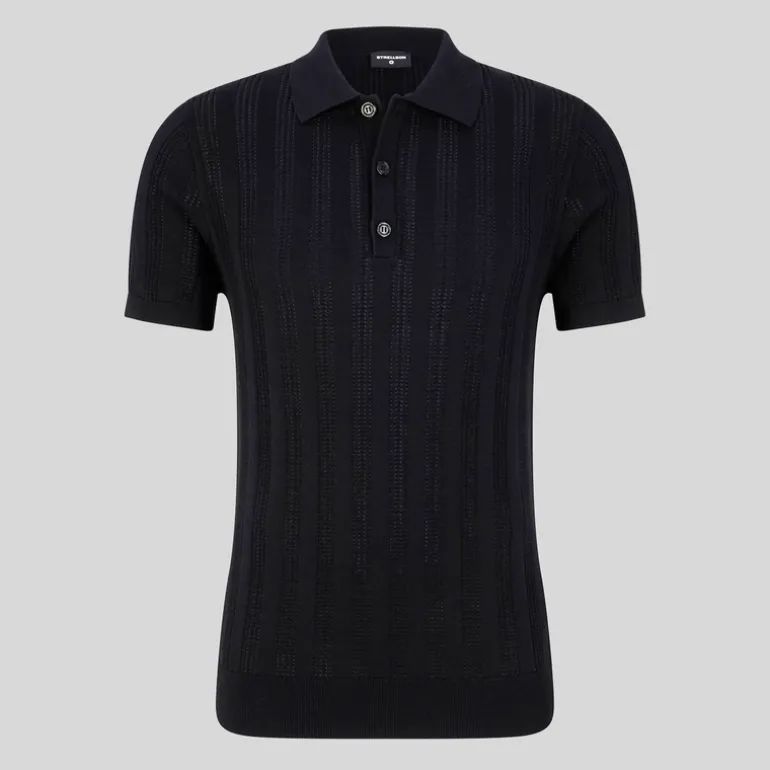 Perforated Pattern Knit Polo - Black