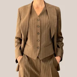 Pinstripe Peak Lapel Blazer - Brown