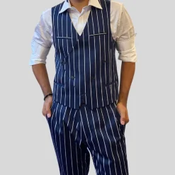 Pinstripe Stretch Cotton Vest - Navy