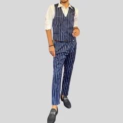 Pinstripe Stretch Cotton Vest - Navy