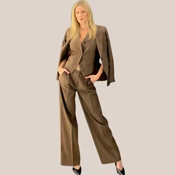 Pinstripe Wide Leg Pants - Brown