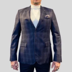 Plaid Checks Wool Blazer - Camel/Navy