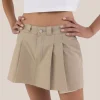 Pleated Raw Hem Twill Mini Skirt - Tan