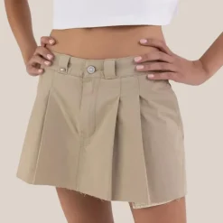 Pleated Raw Hem Twill Mini Skirt - Tan