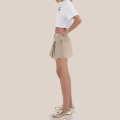 Pleated Raw Hem Twill Mini Skirt - Tan