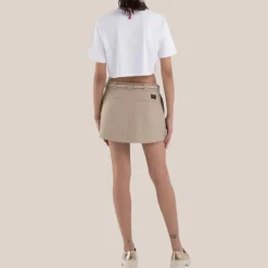 Pleated Raw Hem Twill Mini Skirt - Tan