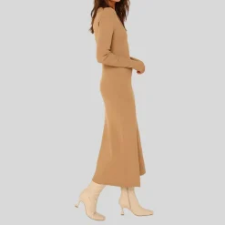 Ribbed Knit A-Line Midi Dress - Tan