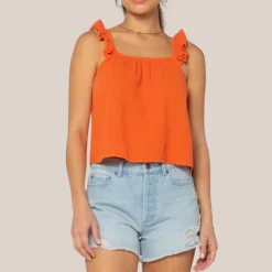 Ruffle Strap Textured Sleeveless Top - Orange