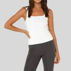 Stretch Knit Square Neck Tank Top - White