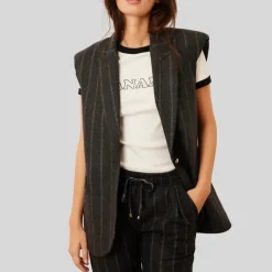 Stripe Peak Lapel Sleeveless Blazer - Grey