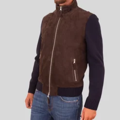 Suede / Knit Hybrid Double Zip Jacket - Brown/Navy