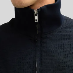 Textured Blouson Jacket Stand-Up Collar - Navy