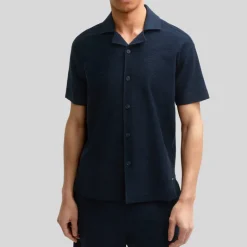 Textured Cuban Collar Cotton Shirt - Navy