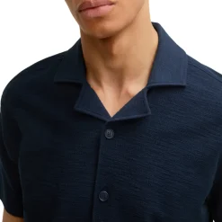 Textured Cuban Collar Cotton Shirt - Navy