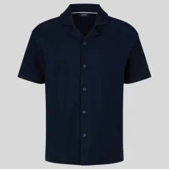 Textured Cuban Collar Cotton Shirt - Navy