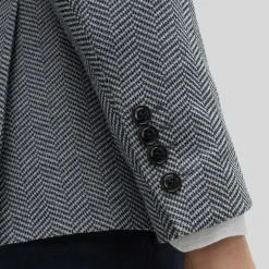 Textured Herringbone Piped Pockets Blazer - Navy/White