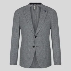 Textured Herringbone Piped Pockets Blazer - Navy/White